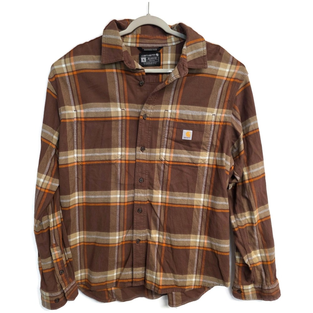 Carhartt Mens Rugged Flex Relaxed Fit Plaid Flannel Shirt Brown XL TW5945-M